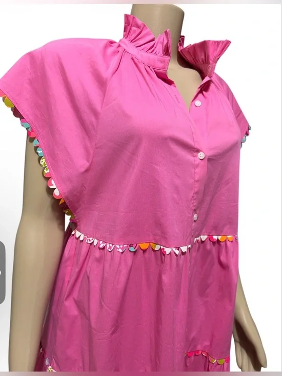 Crosby by Mollie Burch Sz S Whitley Dress Pink Bubblegum Tiered Ruffle Pom Trim - Picture 6 of 12